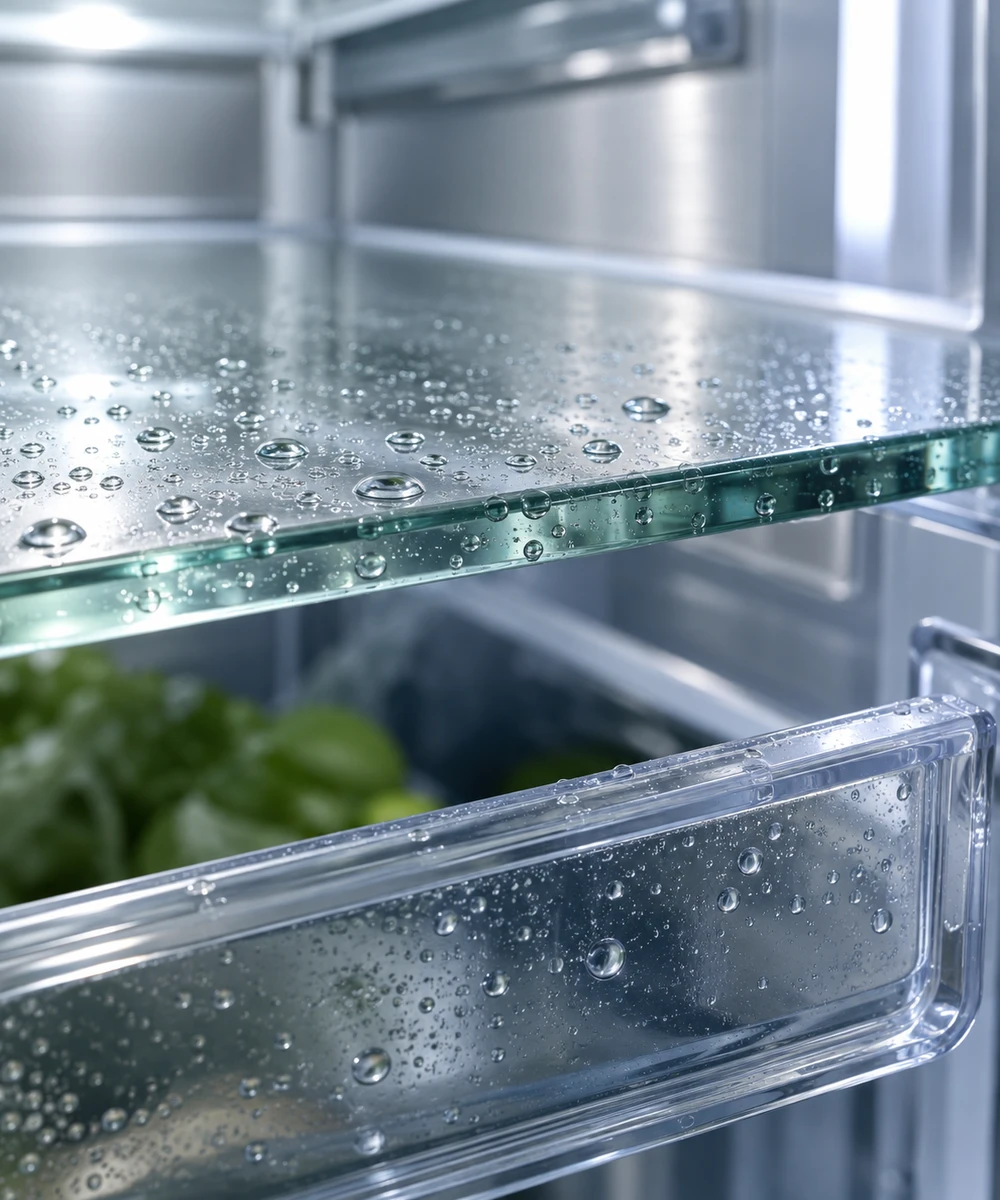 Condensation on a chilled refrigerator shelf