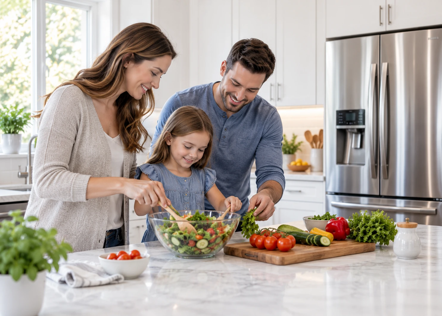 A family preparing a meal together in their kitchen