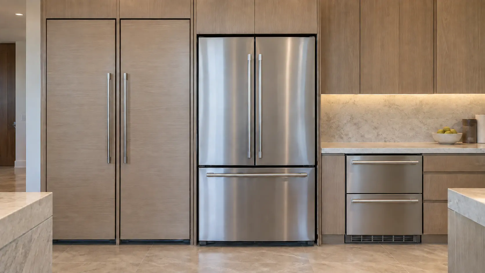 A showroom-like run of cabinetry with a column pair, a French door unit and an undercounter drawer in one line.