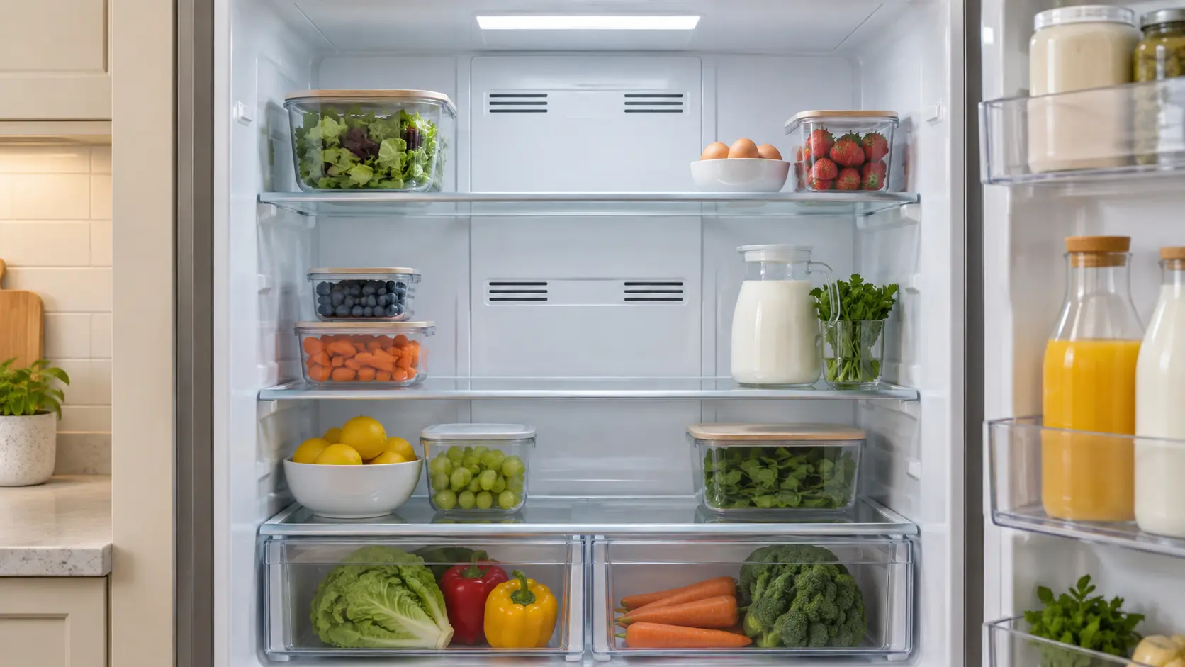 The rear wall of an open refrigerator compartment with its air vents, shelves half loaded in front of it.