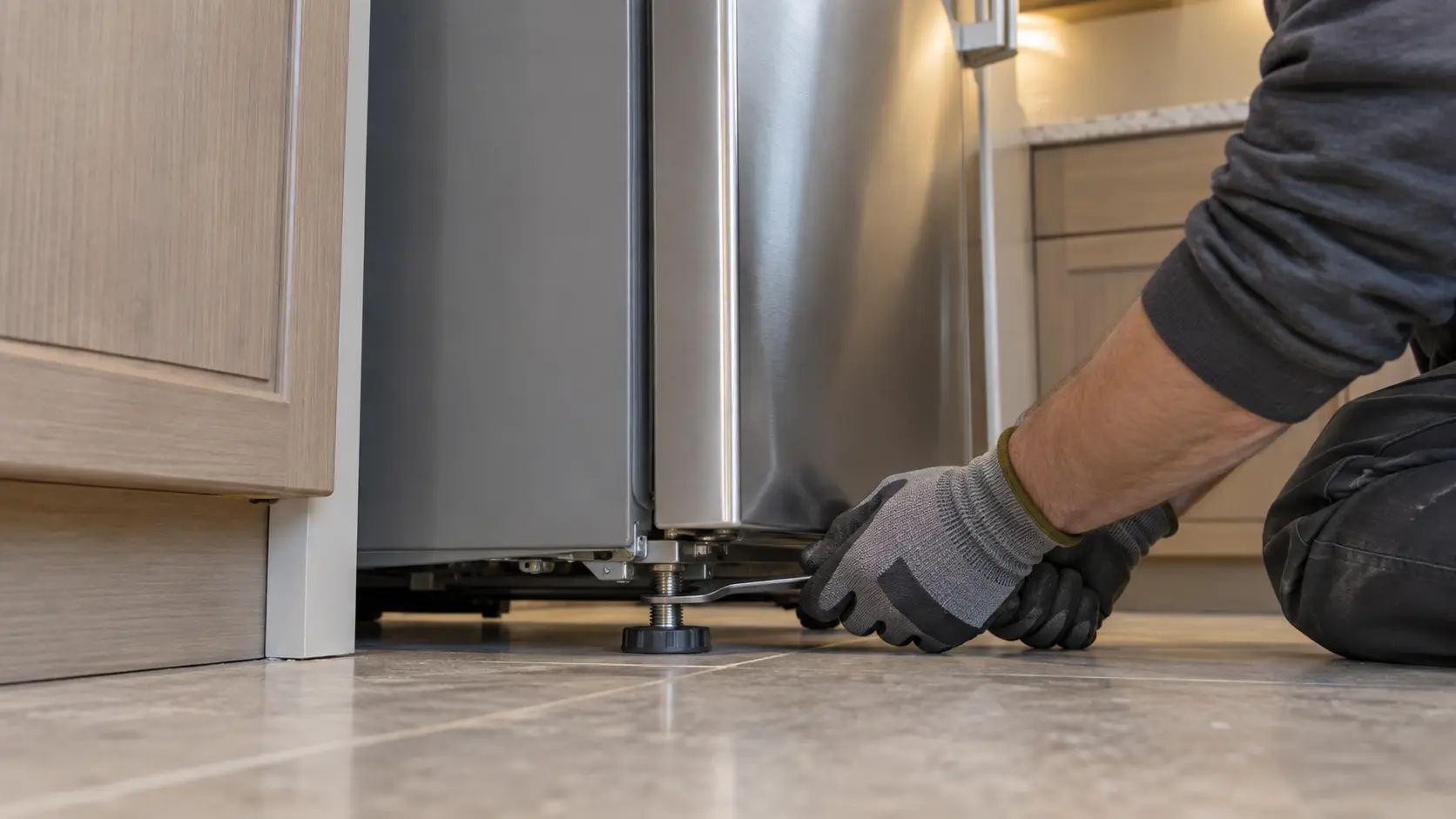 Gloved hands adjusting a levelling foot at the base of a refrigerator standing half inside its cabinet opening.