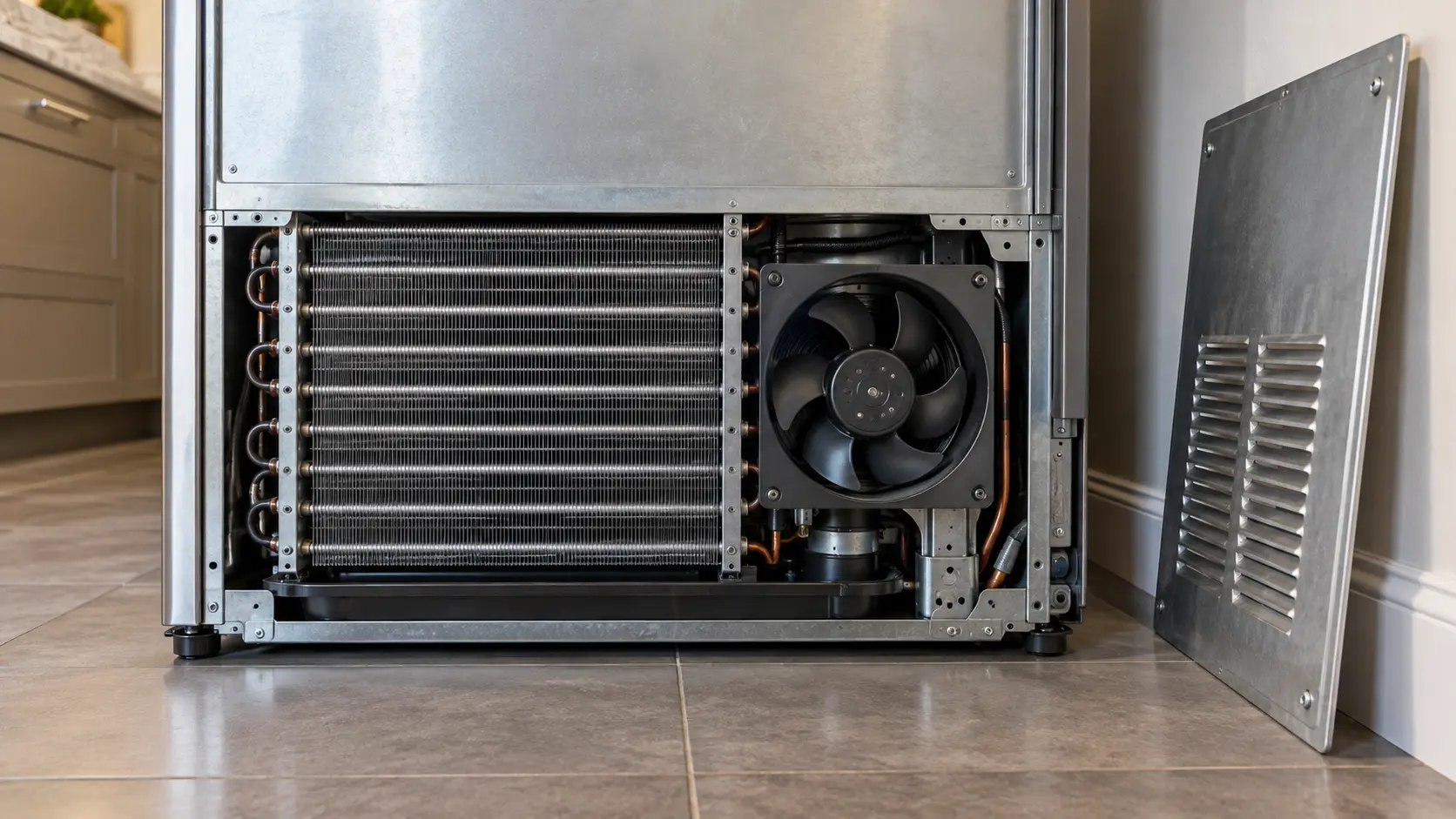 A clean condenser coil and its fan behind a refrigerator, the access panel leaning against the wall beside it.