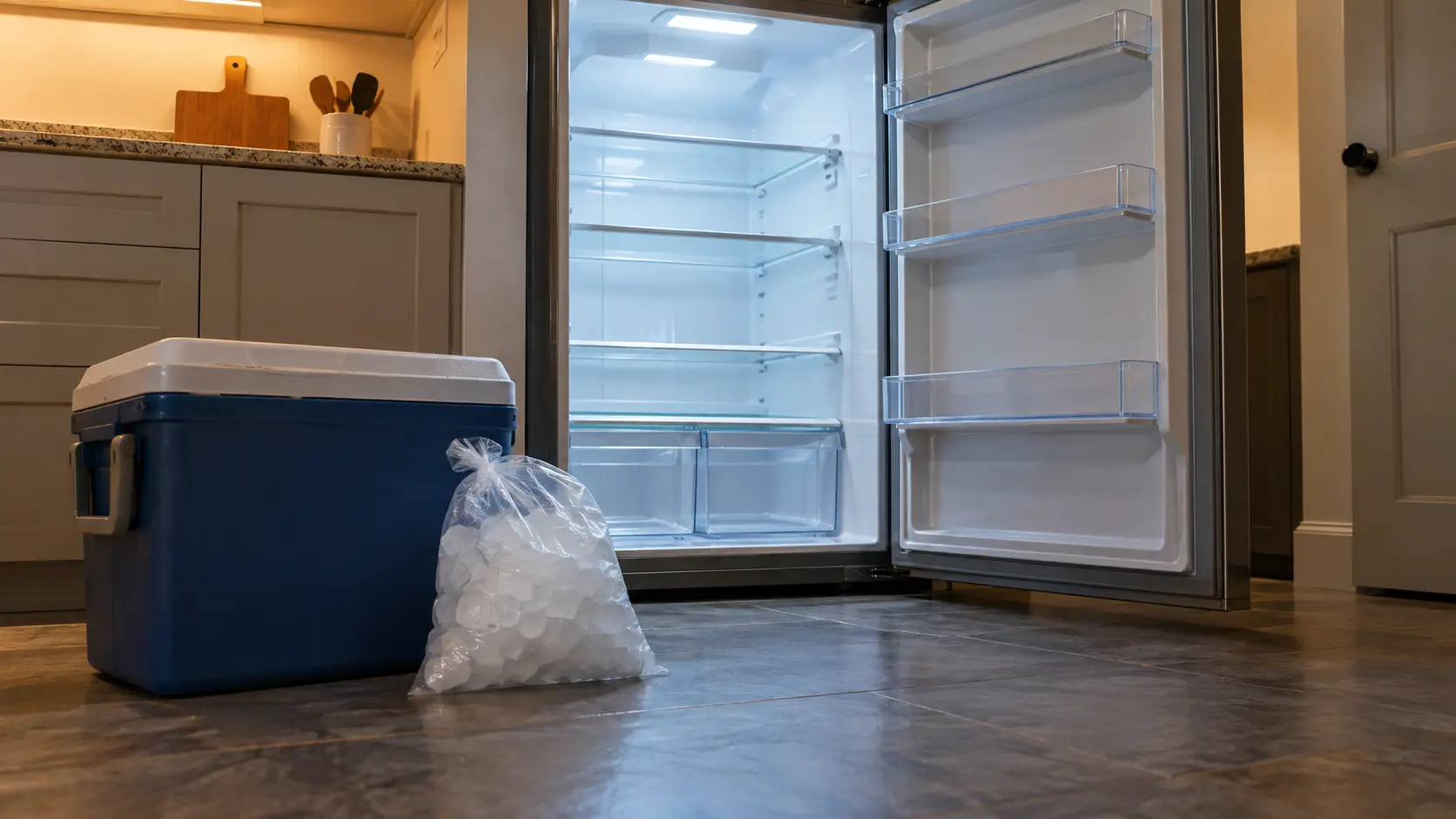 A refrigerator door standing open on a compartment that has been emptied, a cool box and a bag of ice on the floor in front of it.