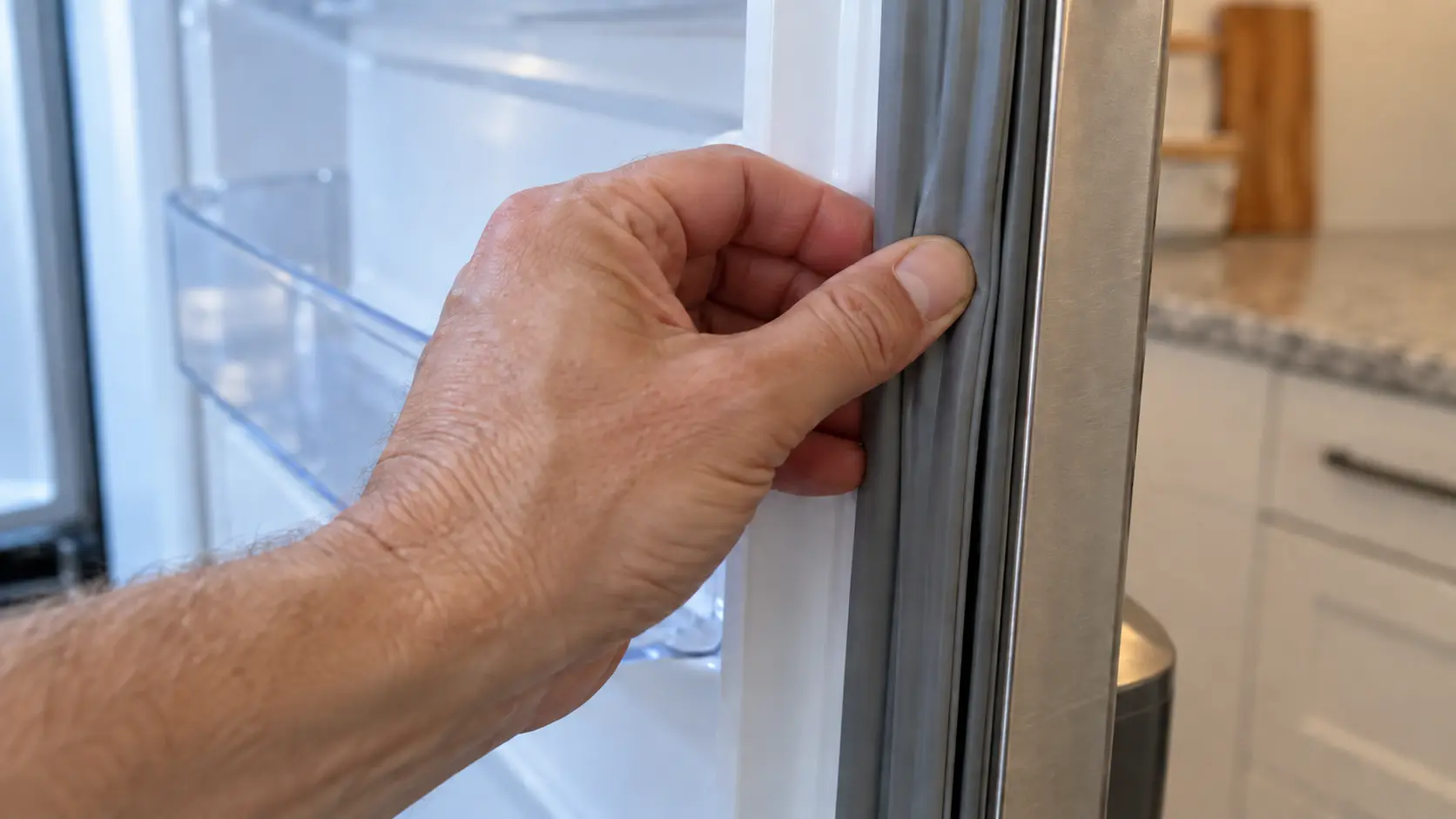 A bare hand running along the door gasket of a refrigerator, testing where it has stopped sealing.