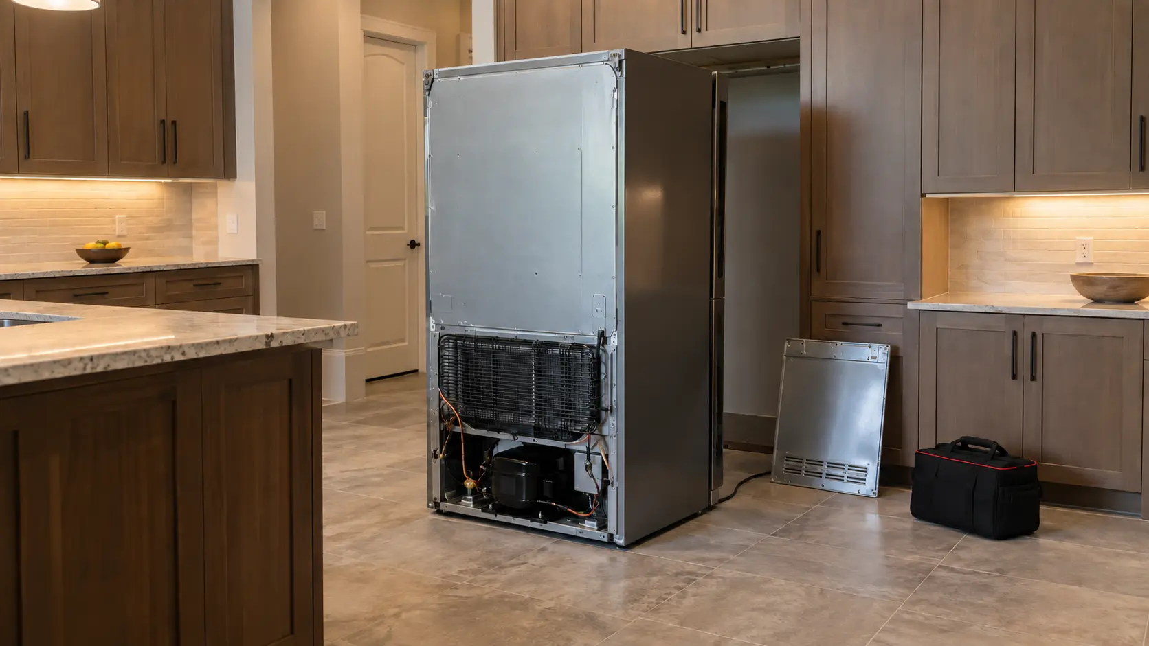 A refrigerator pulled out into the middle of a kitchen with its rear access panel off and leaning against the cabinets, the condenser coil and compressor exposed, a technician's tool bag on the floor.