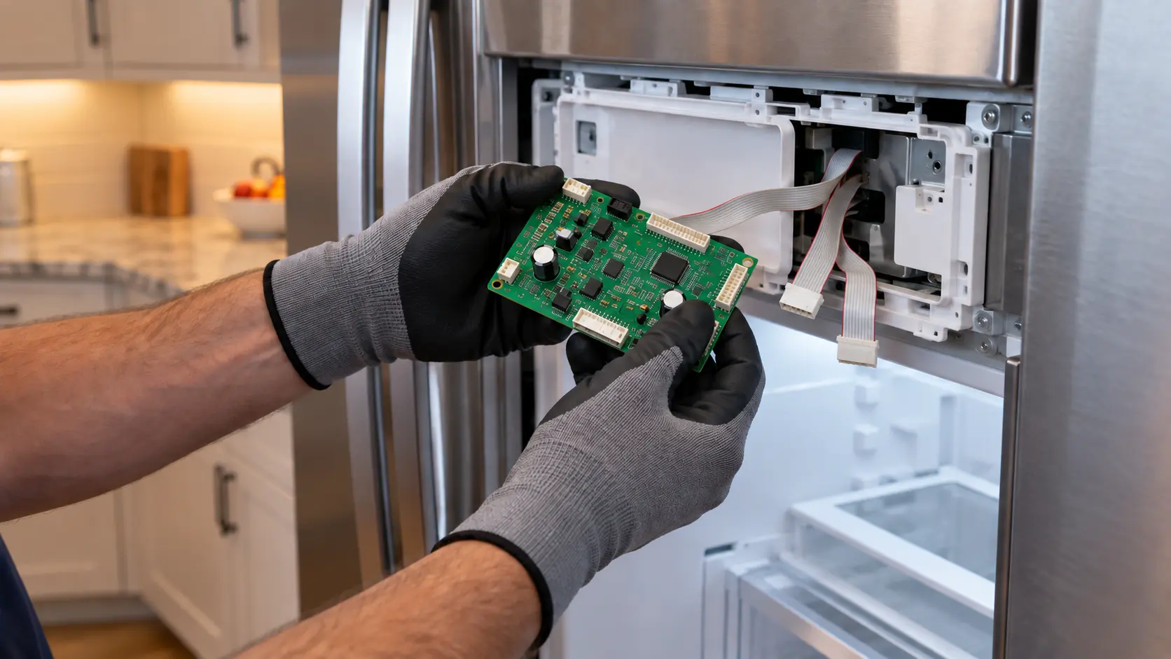 Gloved hands holding a bare green circuit board beside an opened control housing on a refrigerator, ribbon connectors loose.
