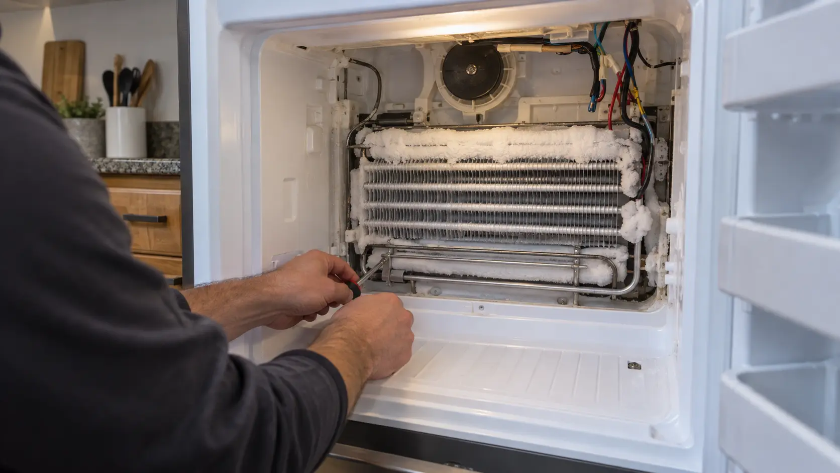 The rear evaporator panel removed inside a freezer, exposing the coil and the defrost heater element beneath a layer of frost.