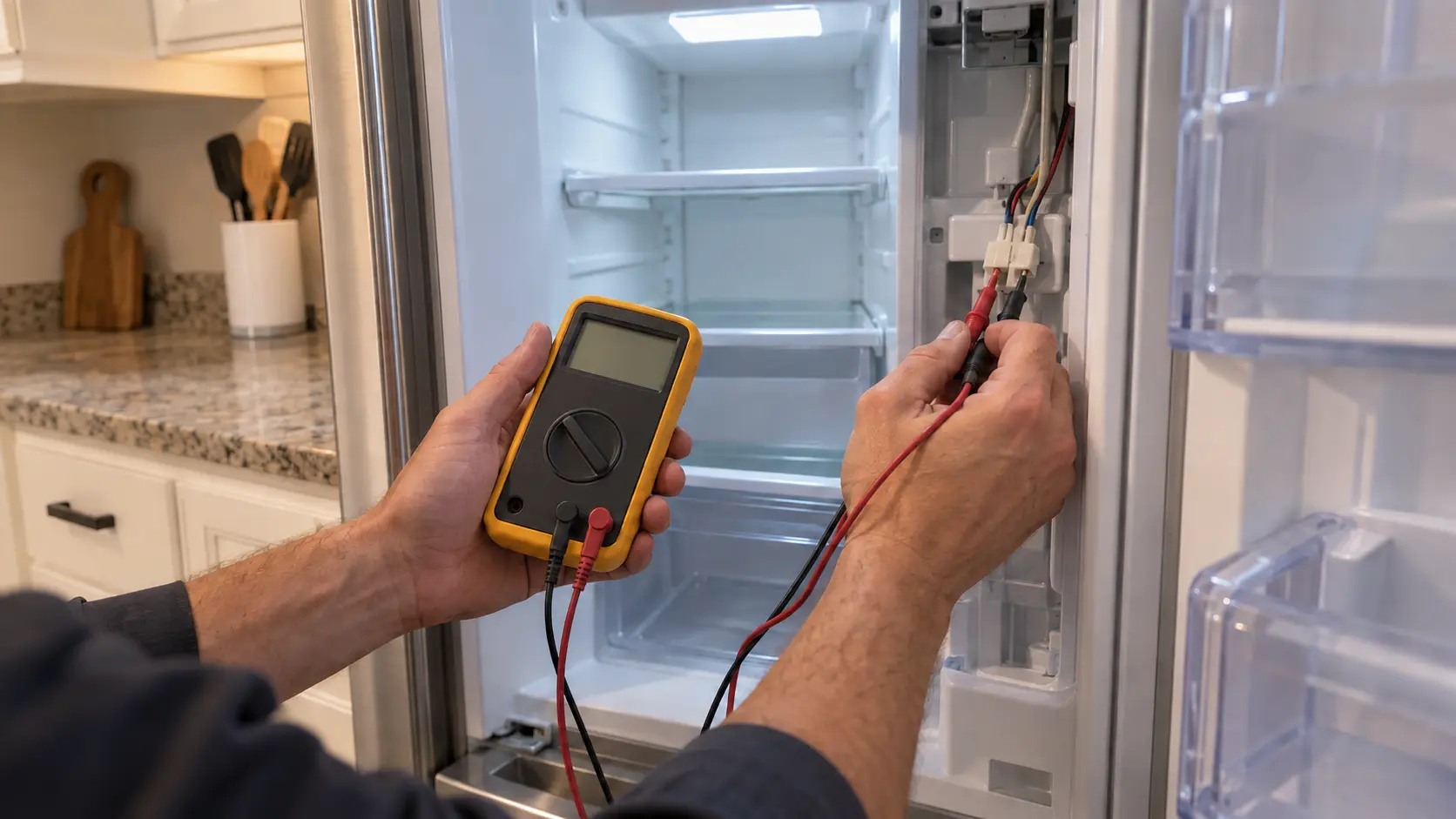 A technician's hands holding a digital multimeter against a wiring connector inside an open refrigerator, the cabinet lit from within.
