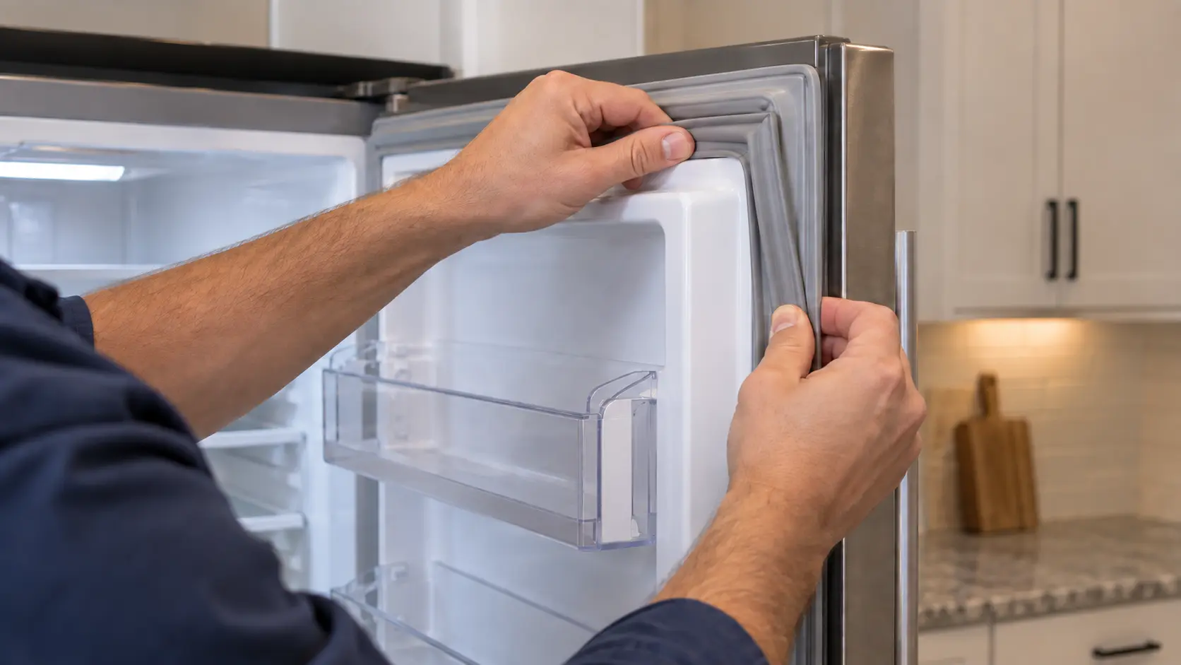 Hands pressing a new rubber door gasket into the channel around the edge of a refrigerator door.