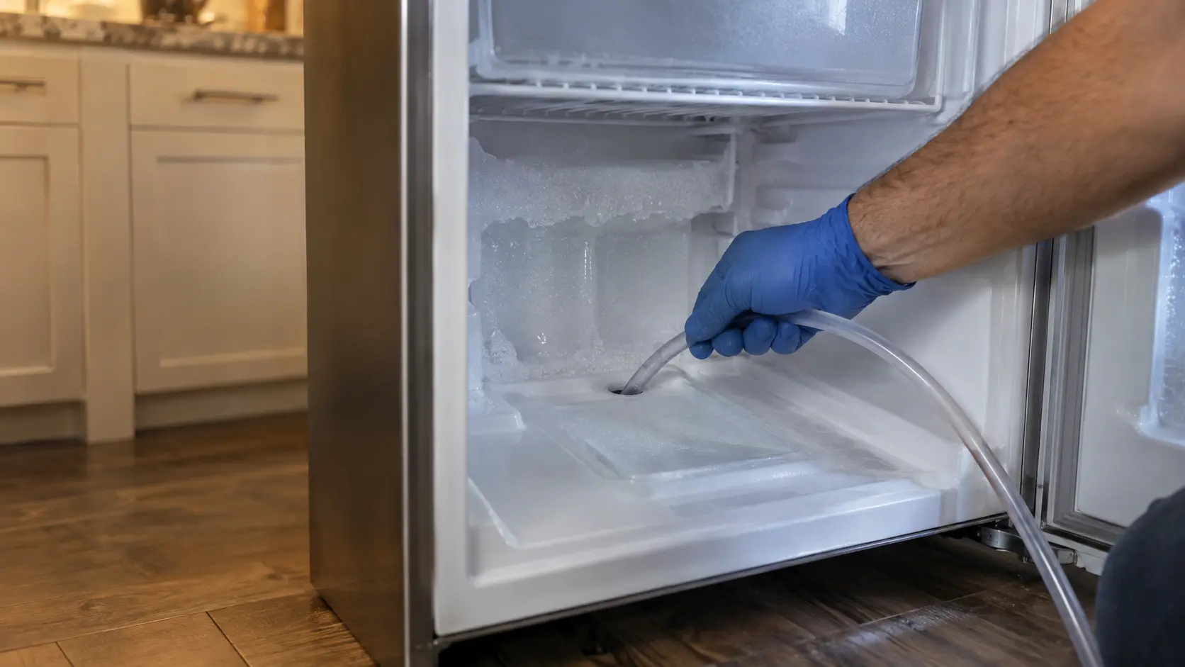 A gloved hand clearing a small drain opening at the base of an opened freezer compartment with a length of thin tubing.