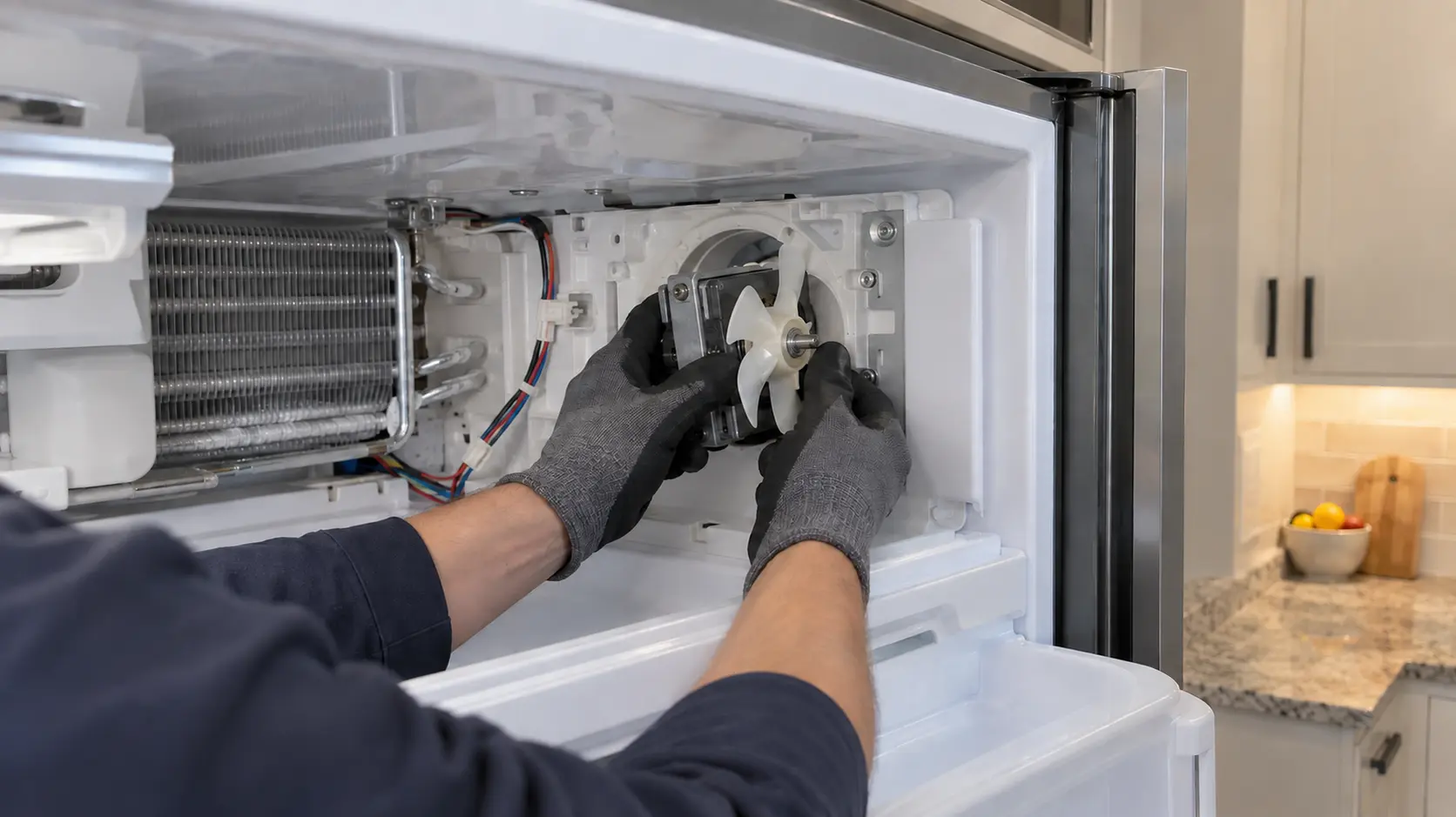 A pair of gloved hands seating a small evaporator fan motor into its housing inside an opened freezer compartment.