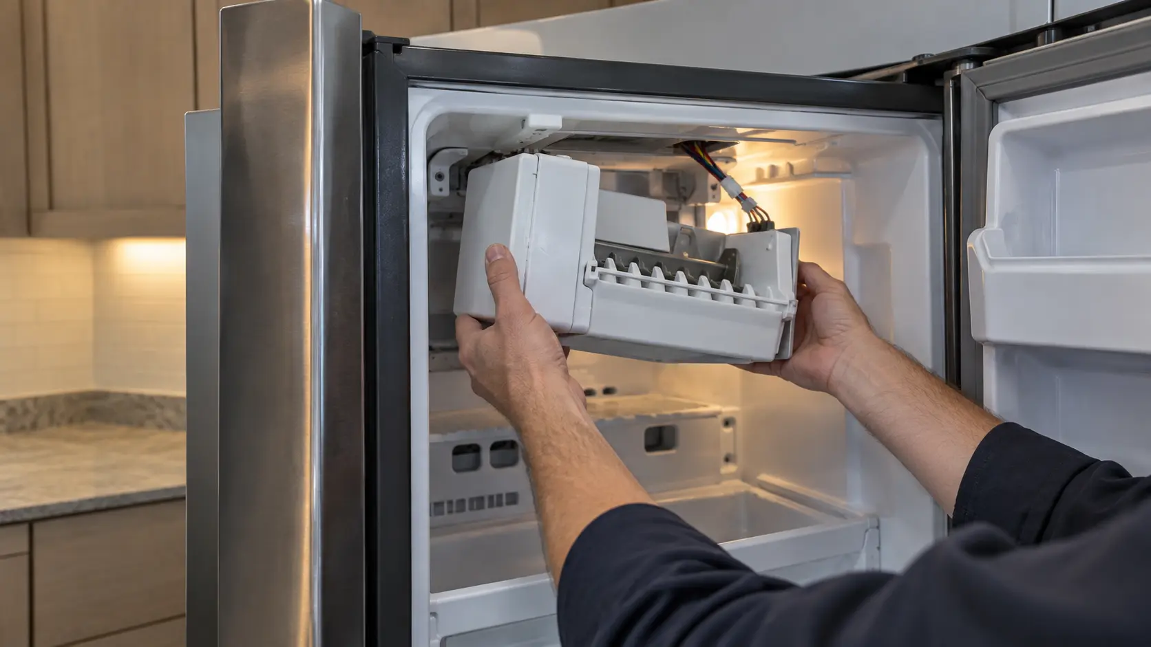 Hands lifting an ice maker module out of the top of a freezer compartment, its wiring harness still attached.