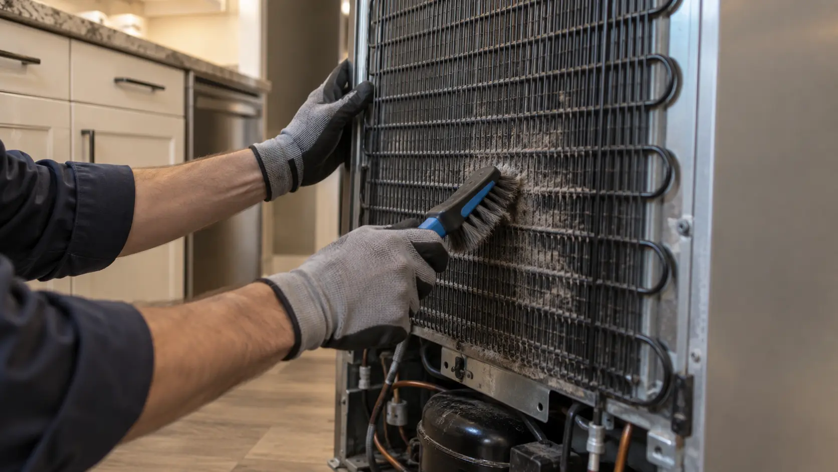 Gloved hands drawing a brush across a dust-matted condenser coil behind a refrigerator pulled out from the wall.