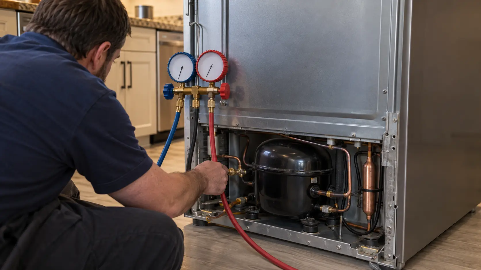 A refrigeration gauge manifold with two hoses connected at the back of a refrigerator, the compressor and its copper lines exposed below.