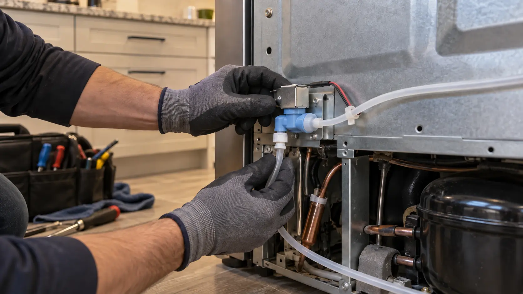 Gloved hands working on a water inlet valve and its plastic supply line at the lower back of a refrigerator.