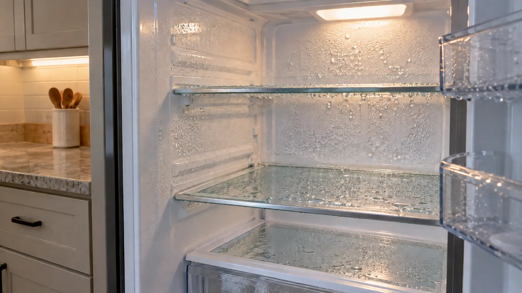 Beads of condensation covering the inner walls and the glass shelves of an open refrigerator.