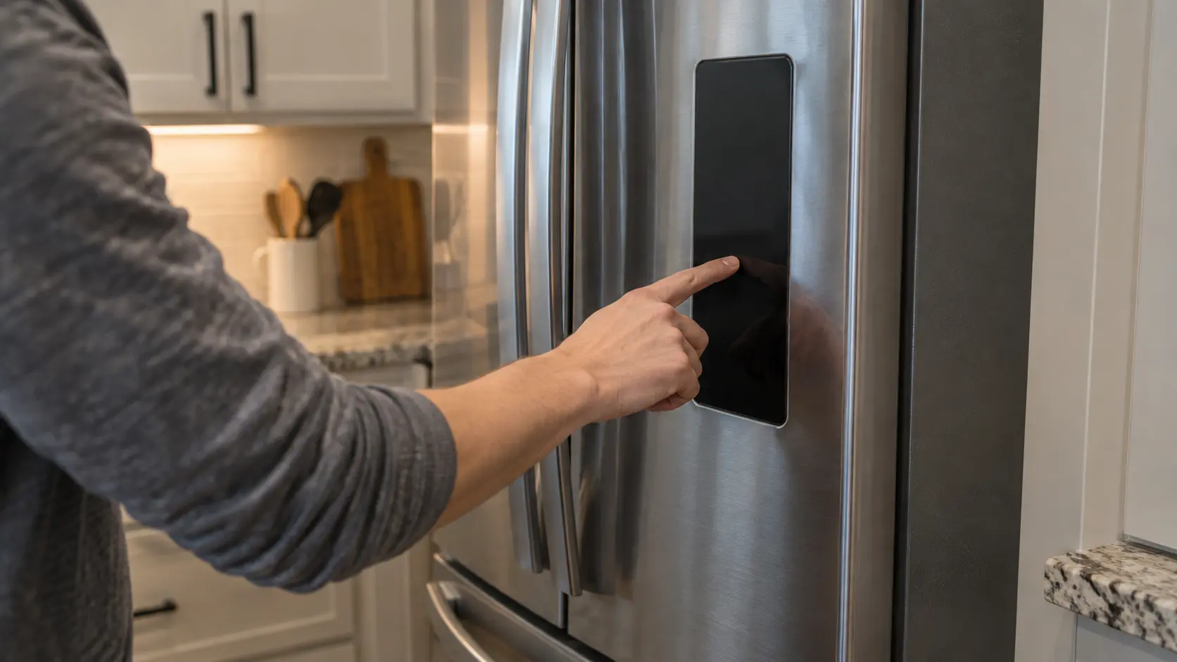A finger pressing an unlit, completely blank touch control panel on the front of a refrigerator door.