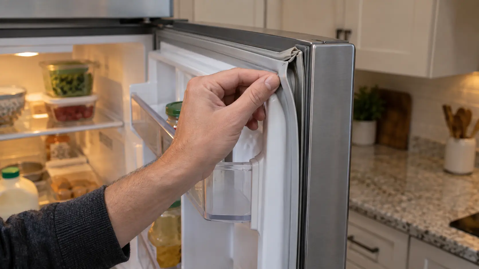 A hand running along the rubber gasket of an open refrigerator door where it has lifted away at a corner.