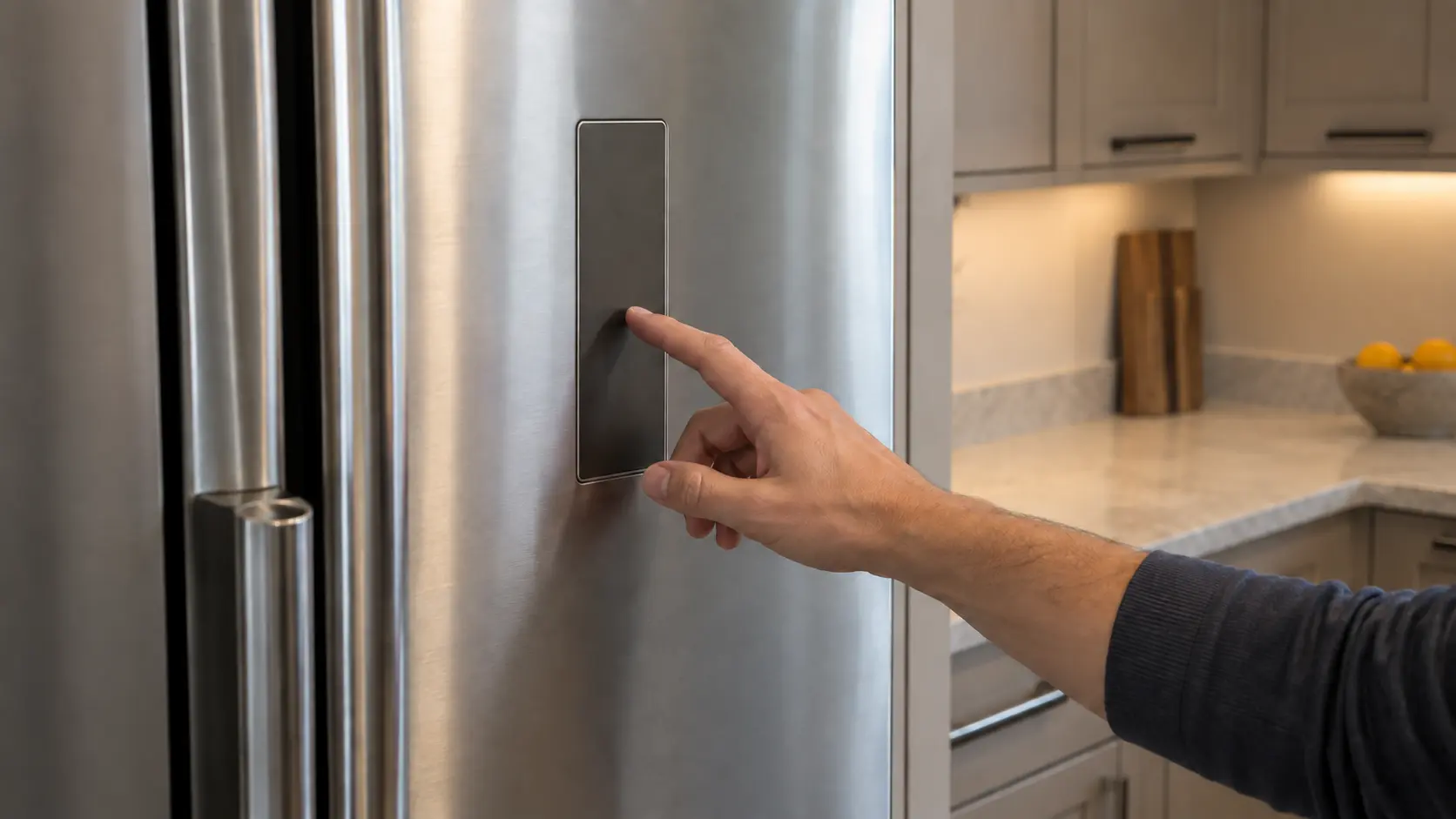 A hand reaching toward a plain, unmarked control panel on the stainless door of a refrigerator.