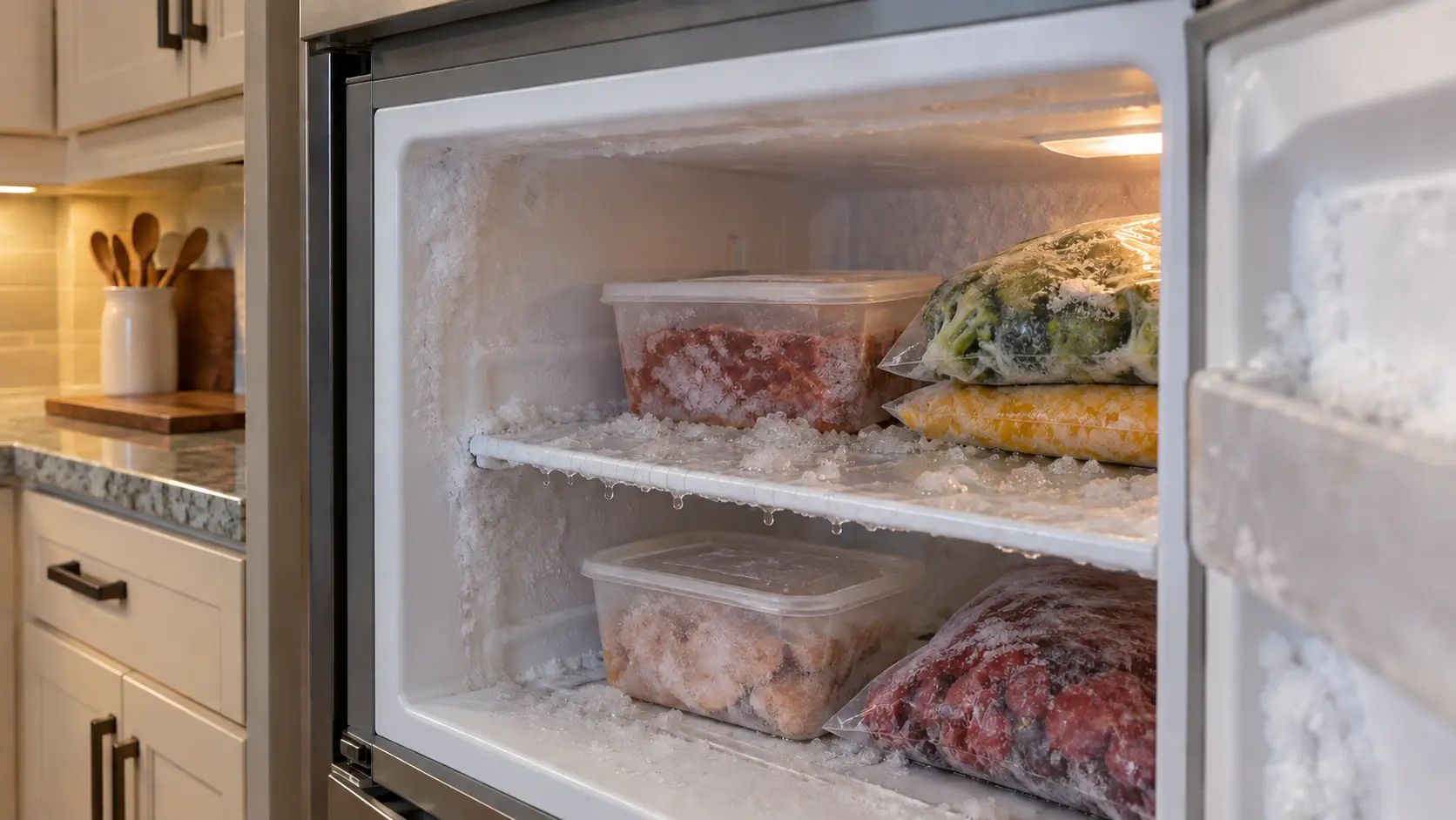 Softening frozen food and wet slushy frost on the shelf of an open freezer compartment.