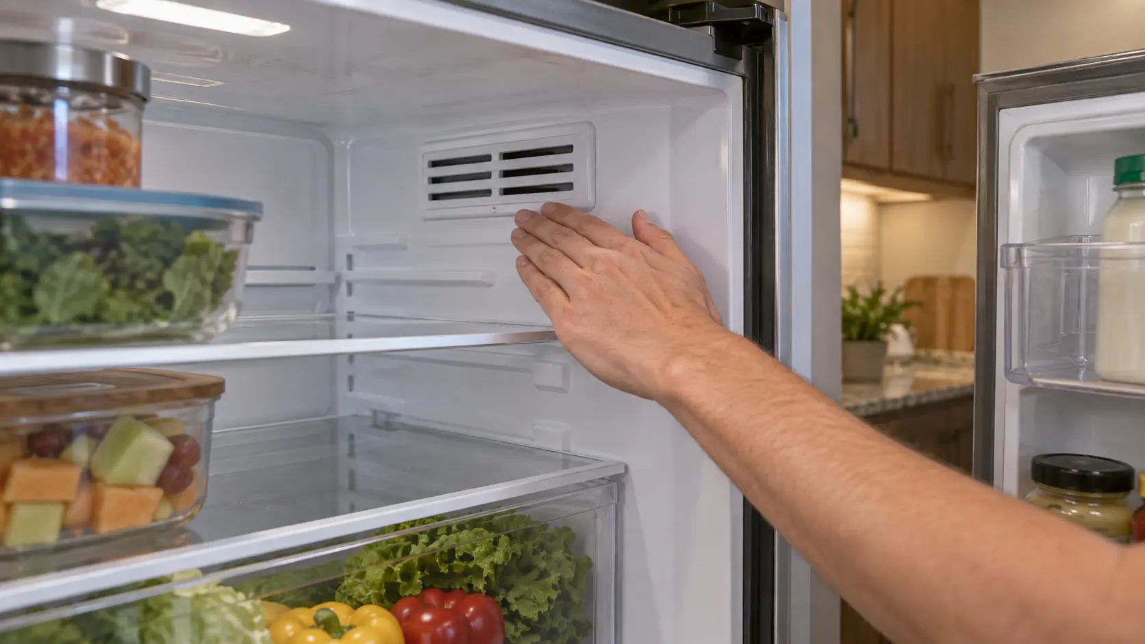 A bare hand held flat in front of the cold-air vent at the back of an open refrigerator's fresh-food compartment.