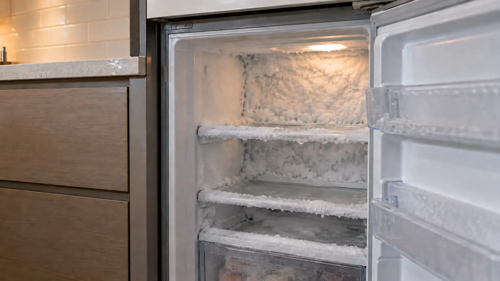 Thick white frost covering the rear panel and the shelf edges inside an open freezer compartment.