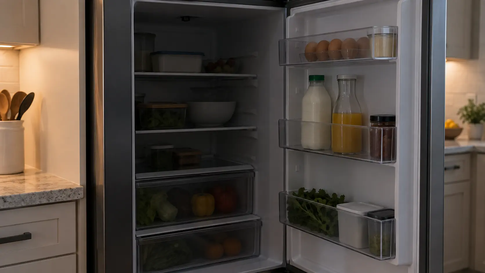 An open refrigerator compartment lit only by the surrounding kitchen, its own interior lamp dark.
