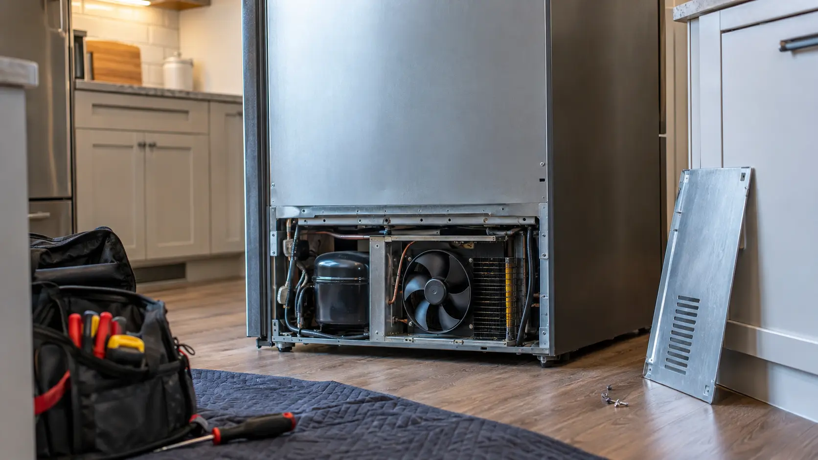A refrigerator pulled forward from its cabinet gap with the lower rear access panel removed, the condenser fan exposed.