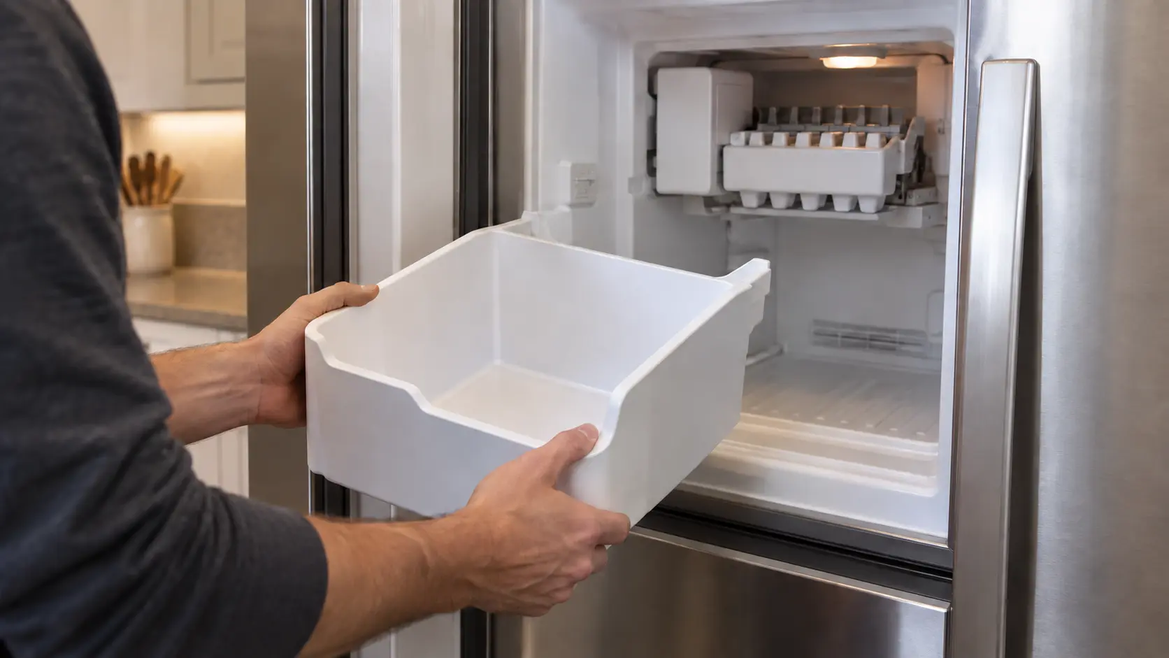 An empty ice bin lifted out of a refrigerator freezer, the ice maker module visible in the cavity above it.