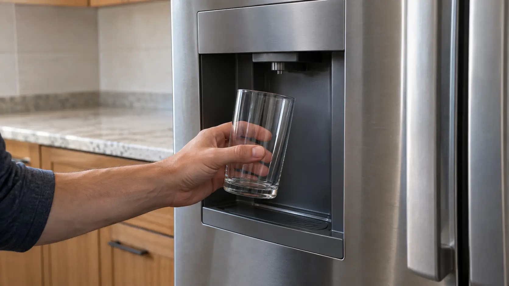 An empty glass held under a refrigerator door water dispenser, nothing coming from the spout.