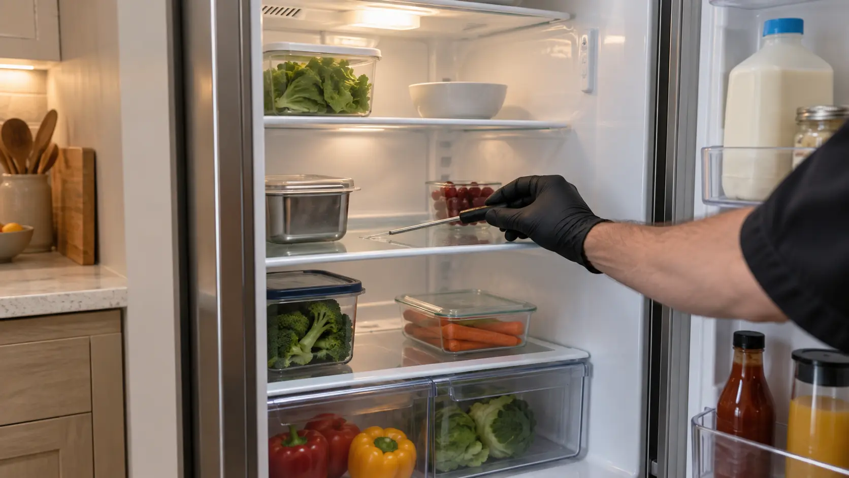 A gloved hand holding a thermometer probe on the middle shelf of an open refrigerator compartment.