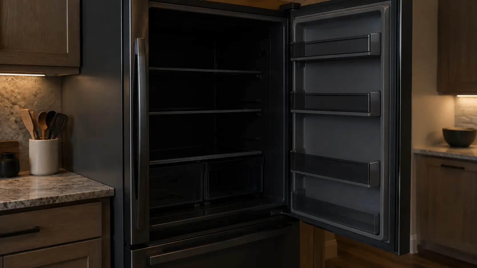 An open refrigerator with a completely dark interior and no lamp lit, seen in a dim kitchen.