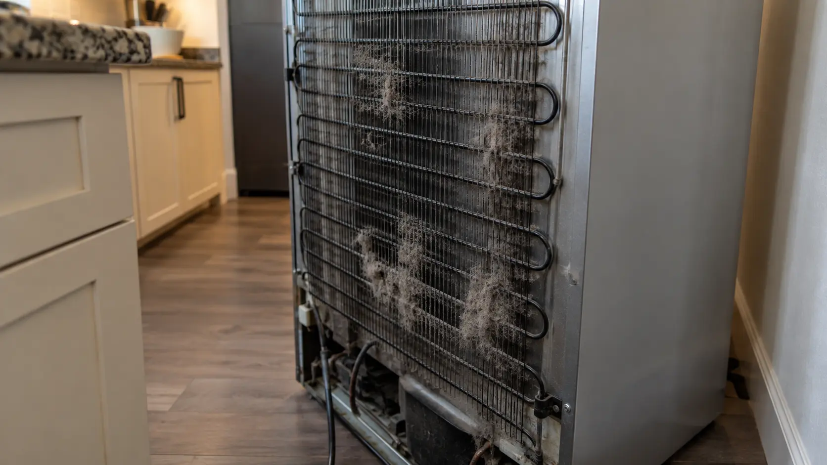 Dust-matted condenser coils at the back of a refrigerator that has been pulled away from the wall.