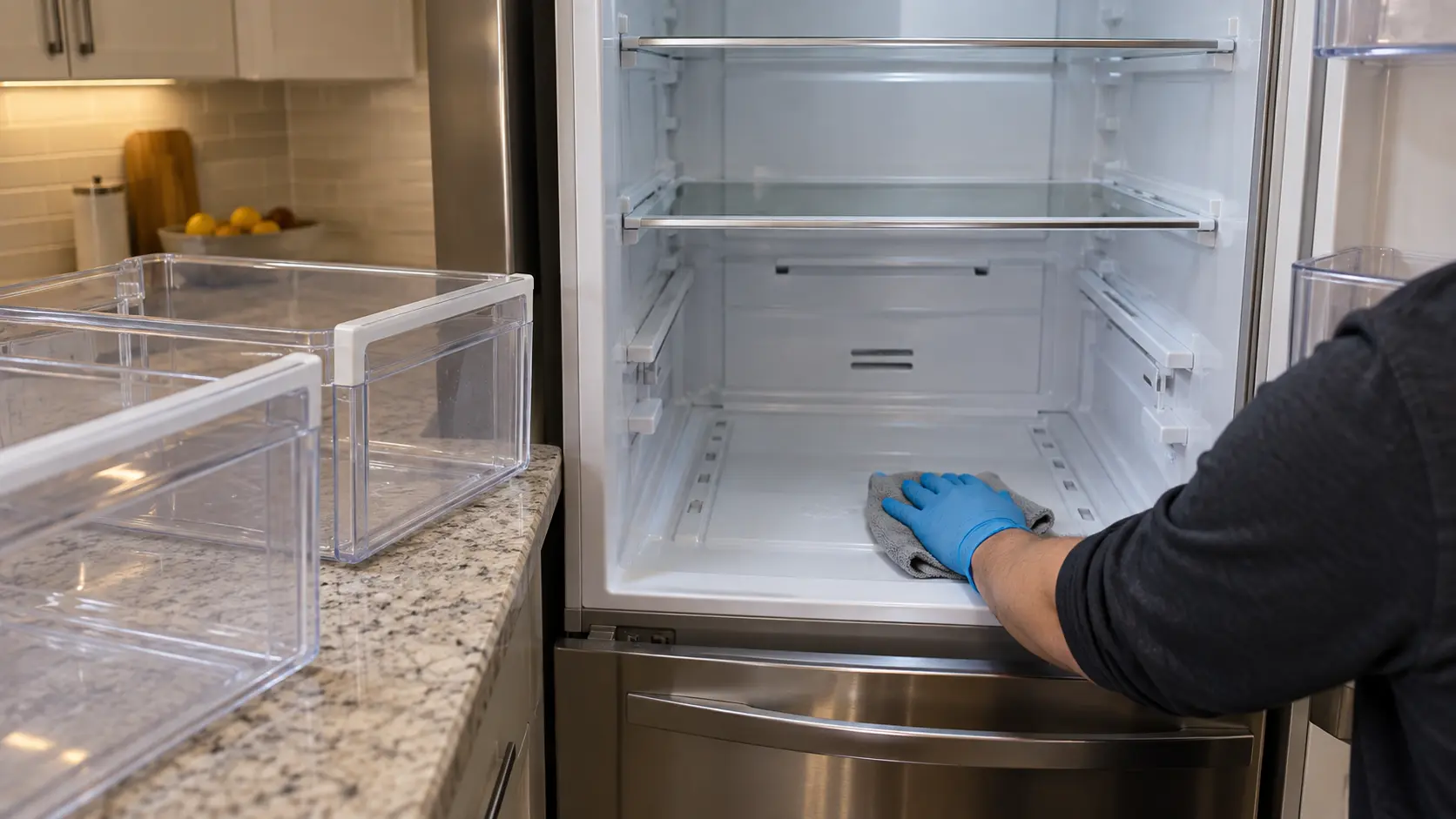 Crisper drawers lifted out onto a worktop while a gloved hand wipes the empty cavity beneath them clean.