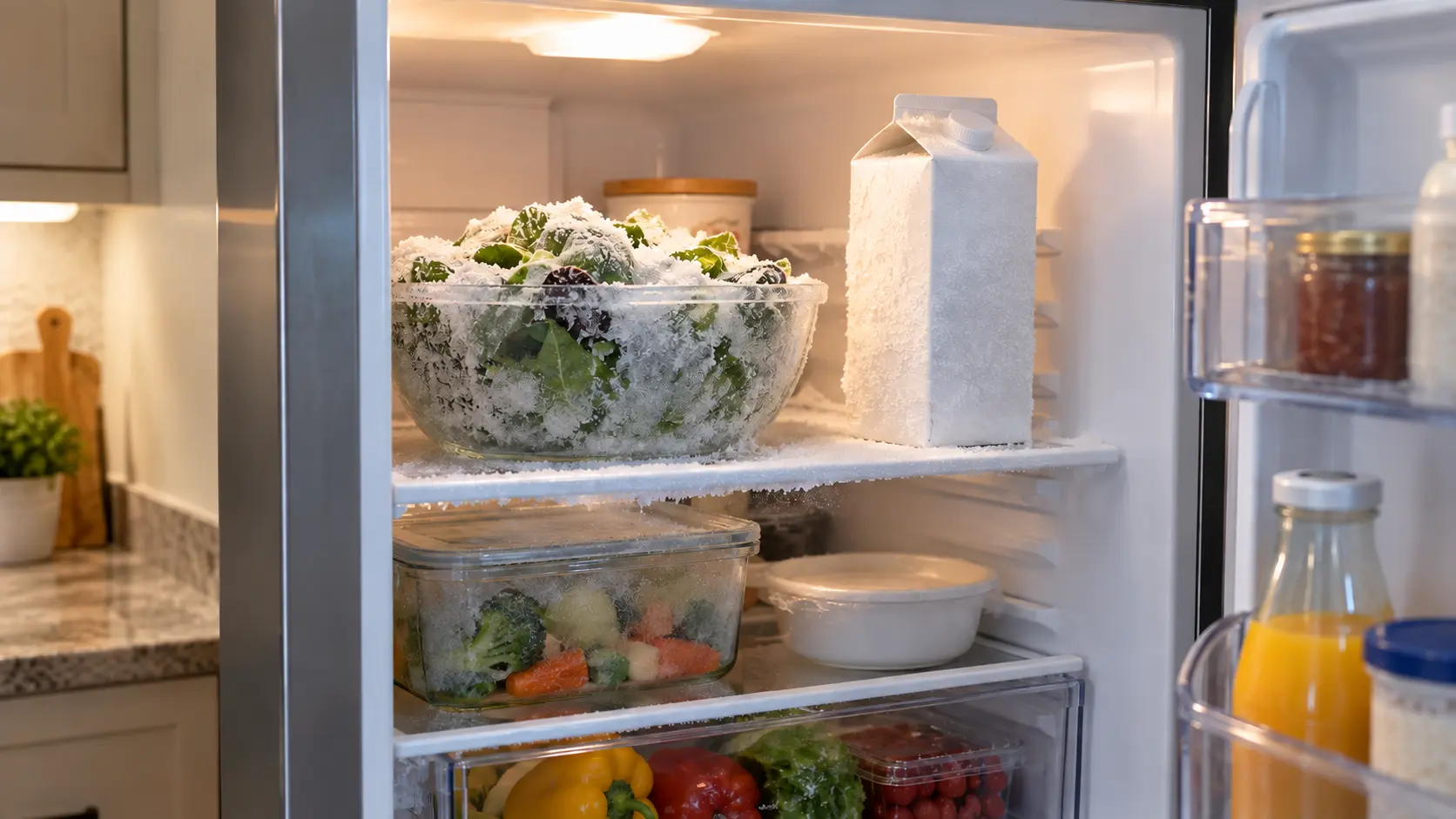 Leafy salad and a carton frozen solid on the top shelf of a refrigerator, ice crystals glittering on them.