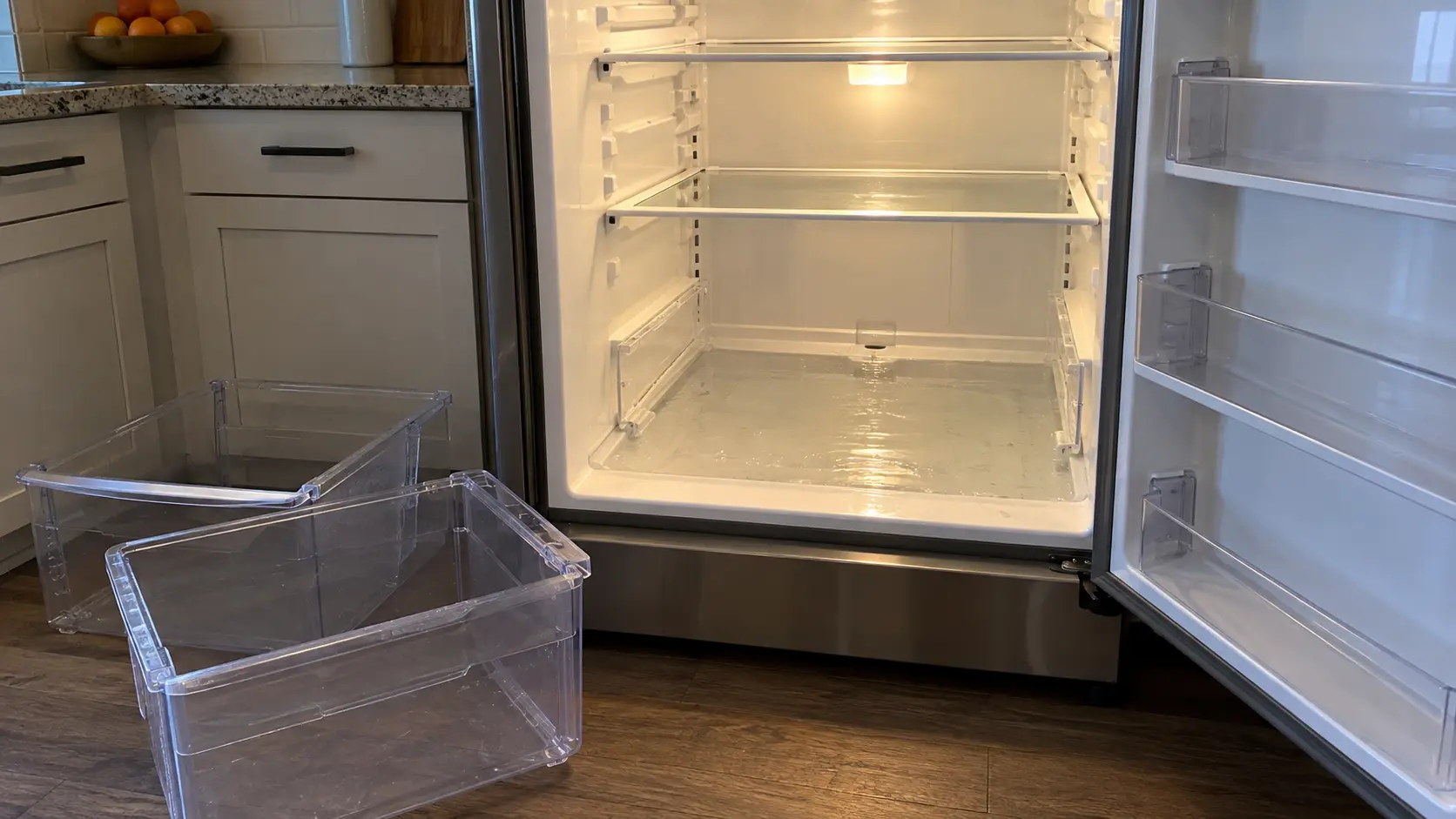 Water standing in the bottom of a refrigerator compartment with the crisper drawers lifted out beside it.