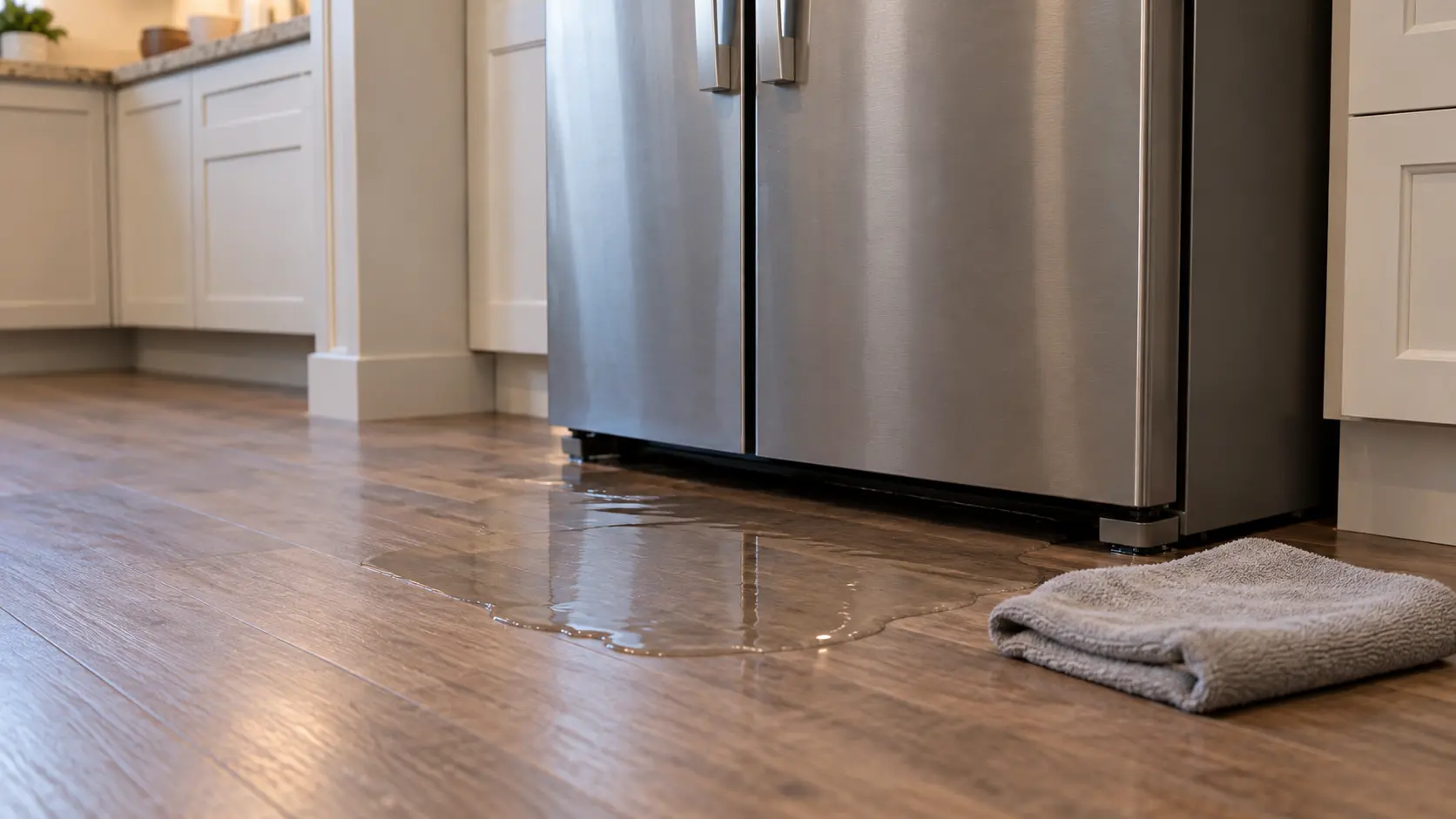 A shallow pool of water spread across a kitchen floor at the base of a refrigerator, a folded cloth beside it.