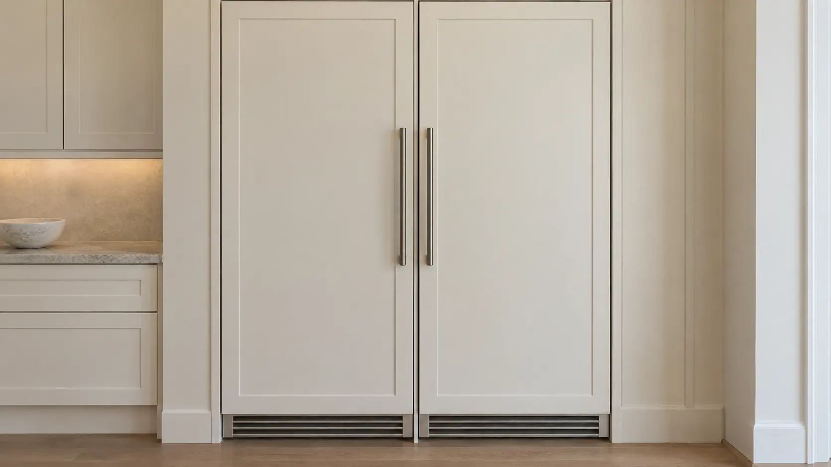 A pair of full-height refrigerator and freezer columns set side by side in one cabinet run, each behind its own tall door.