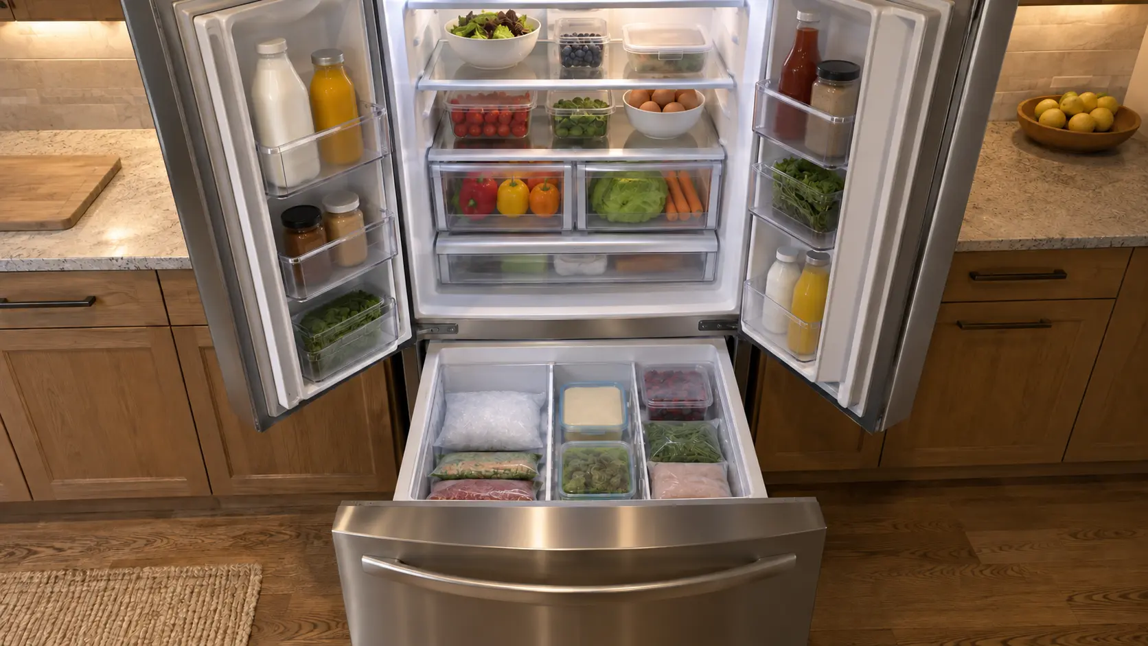 A French door refrigerator with both upper doors swung open and the lower freezer drawer pulled out.