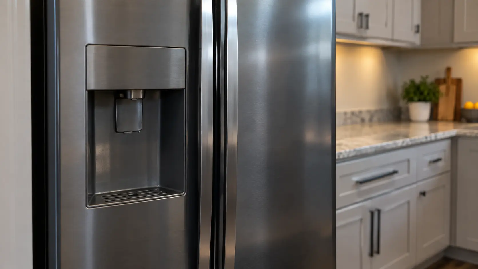 A side-by-side refrigerator with a tall freezer door on the left carrying an ice and water dispenser recess.
