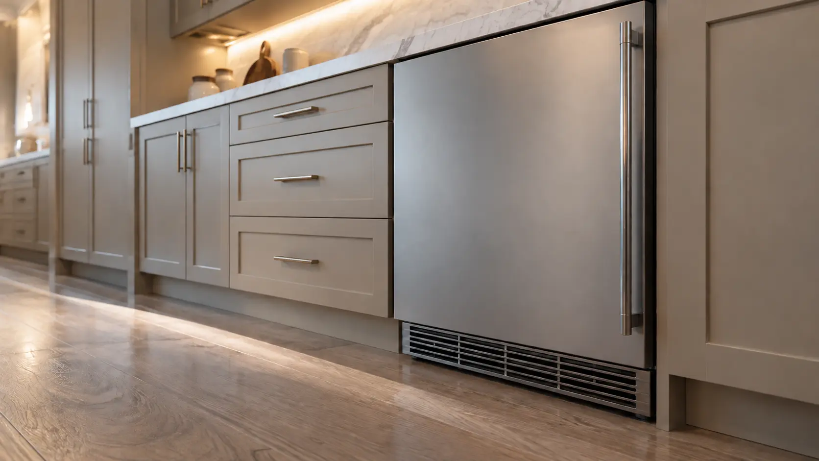 An undercounter refrigerator built into a run of base cabinets below a stone worktop, its ventilation grille at floor level.